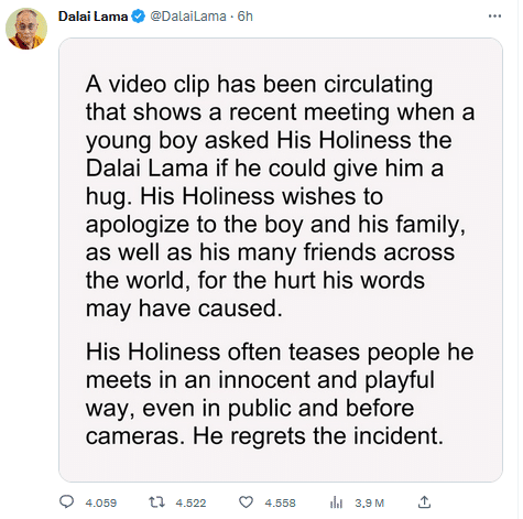 Dalai Lama se disculpa después del incidente con un niño