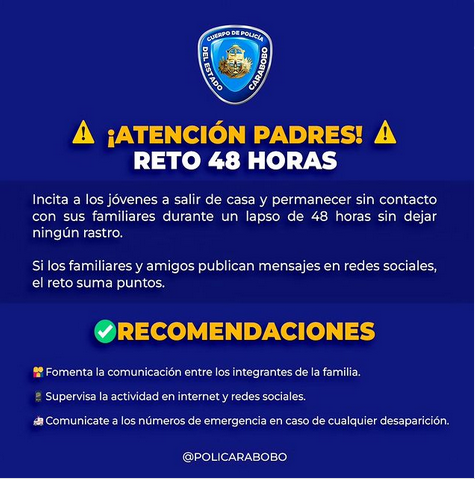 Policía de Carabobo alerta sobre peligroso “Reto 48 horas” 