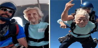 Anciana salta en paracaídas
