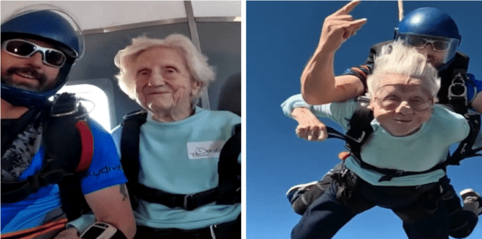 Anciana salta en paracaídas