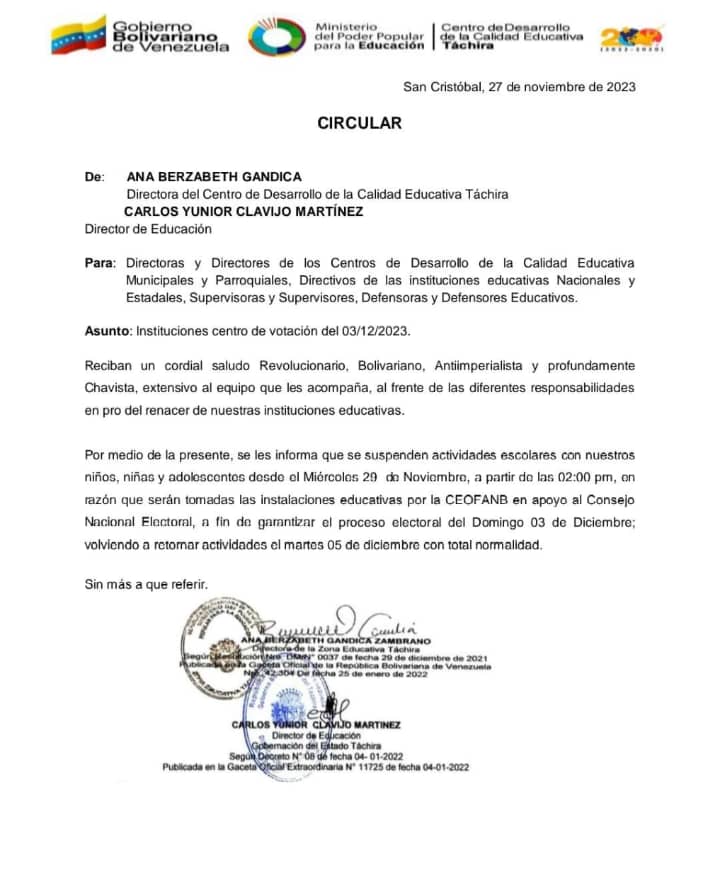 Suspenden actividades educativas hasta el martes 05