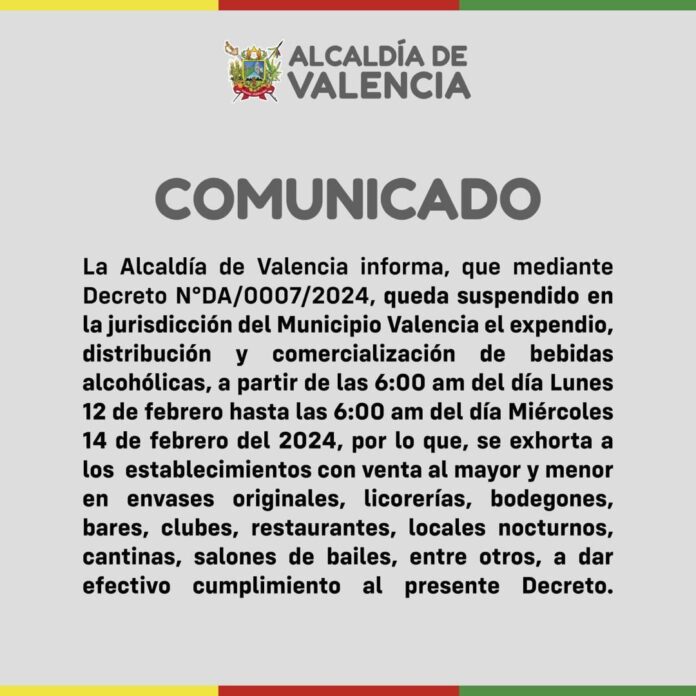 Alcaldía de Valencia suspende expendio y distribucion de licores.2