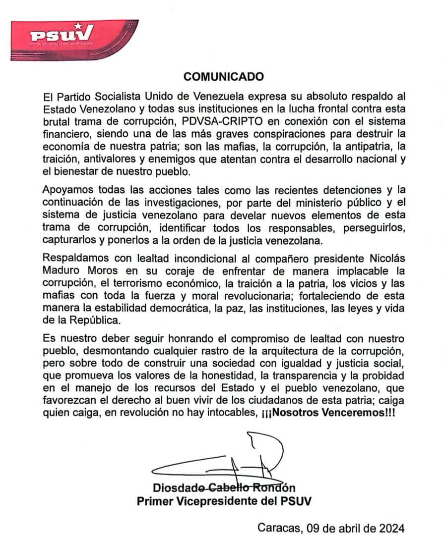 PSUV respalda lucha contra corrupción