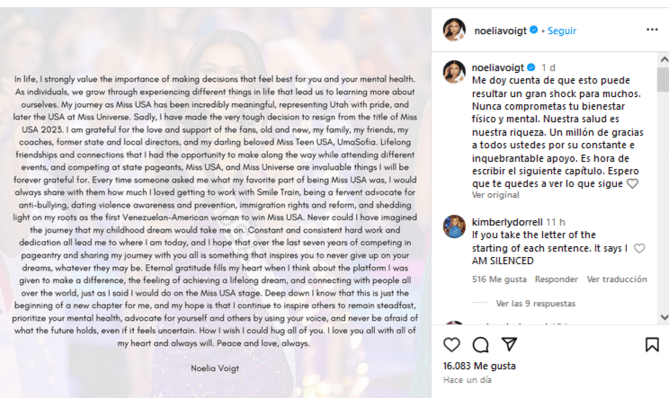 
Miss USA, Noelia Voigt, renunció a la corona para “priorizar su salud mental”
