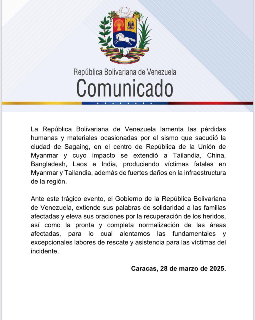 Venezuela solidaridad terremoto Asia