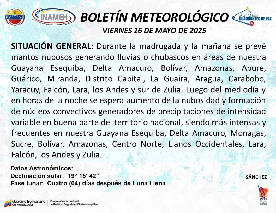 Pronostico tiempo en Venezuela hoy 16 de Mayo.0