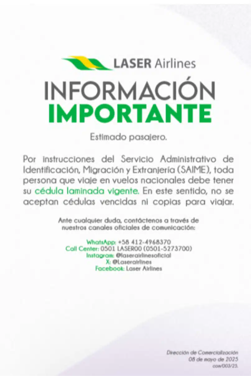 cédula vigente vuelos nacionales