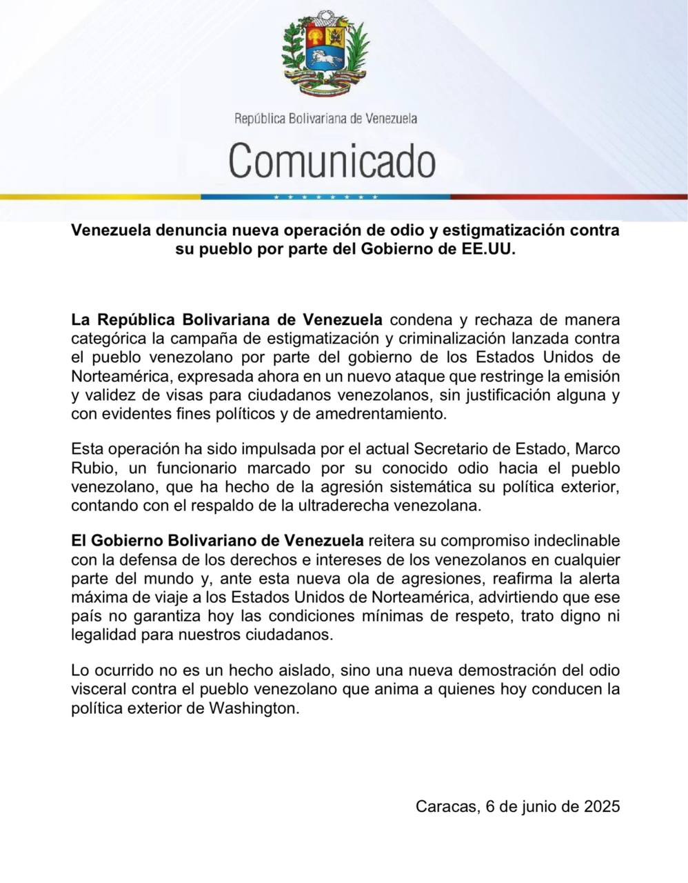 Venezuela denuncia una nueva agresión de odio por parte de EE. UU.0