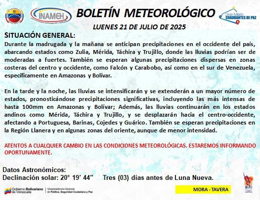 Clima en Venezuela 21 julio INAMEH.0