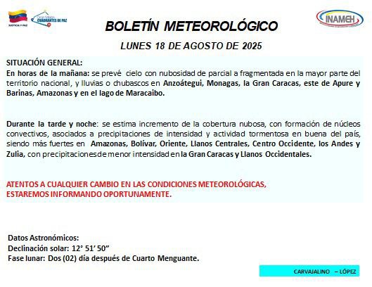 Pronóstico del tiempo en Venezuela 18 de agosto.0