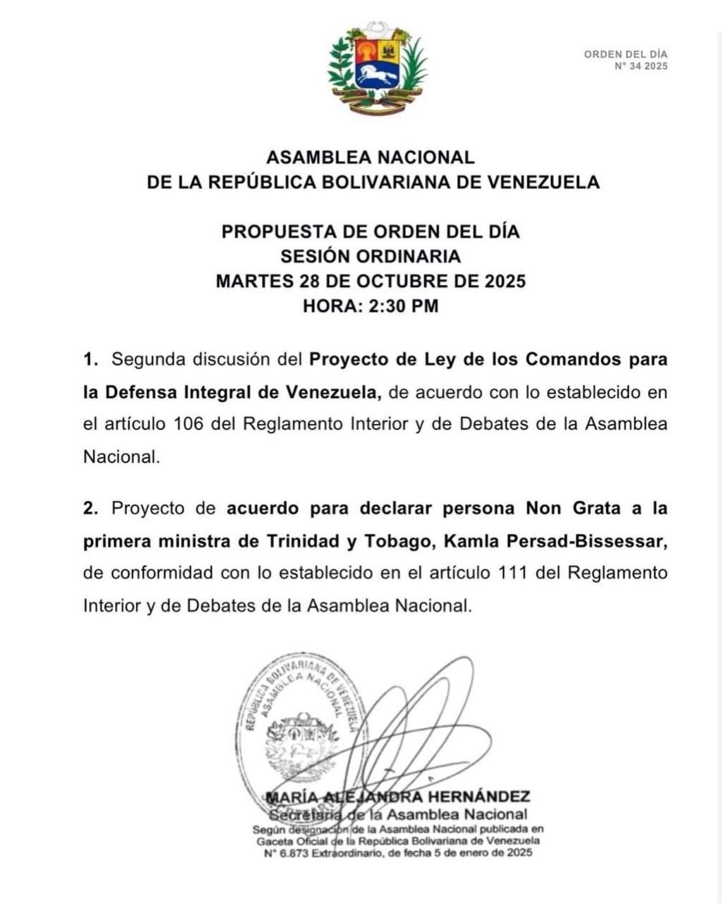 AN declara “Persona Non Grata” Primera Ministra de Trinidad y Tobago.1