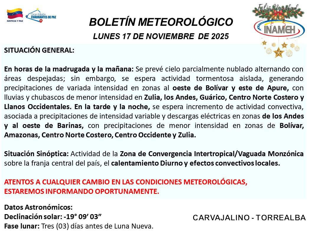 Pronóstico del tiempo en Venezuela hoy17 de Noviembre 