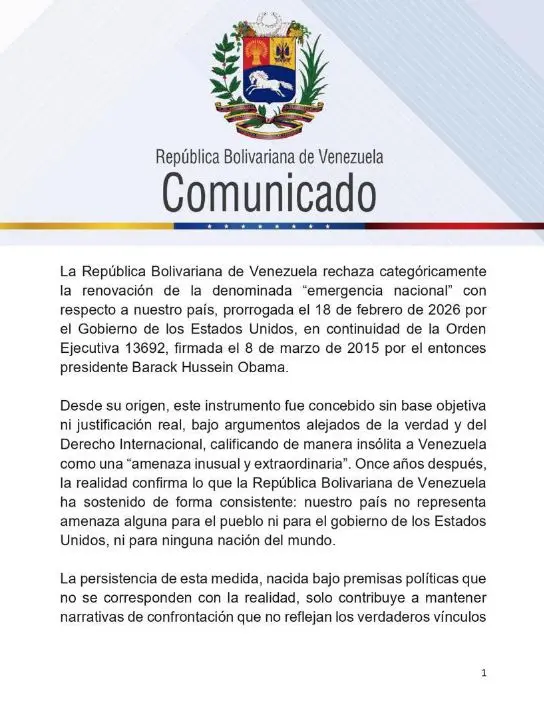 Venezuela rechaza prórroga de "Emergencia Nacional" 1-2