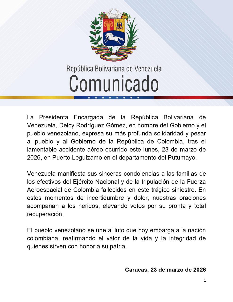 Venezuela expresa solidaridad con Colombia 1-1