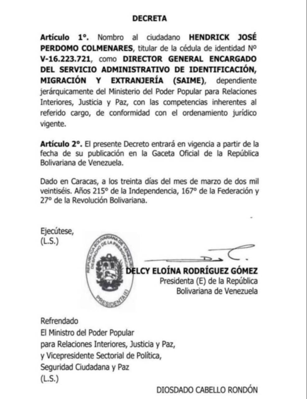 Hendrick Perdomo Colmenares nuevo director del Saime