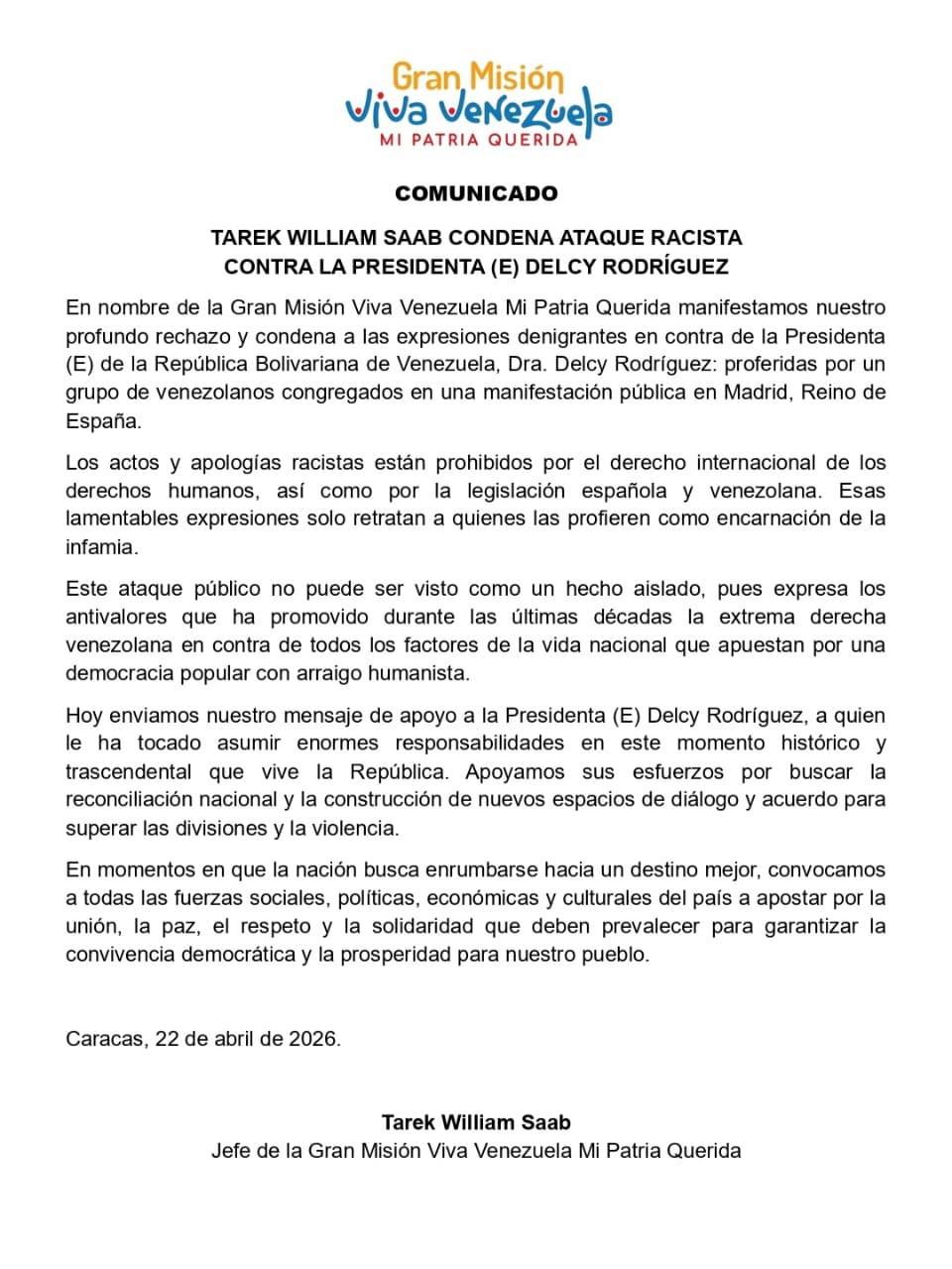 Tarek William Saab condena ataques racistas Delcy Rodríguez en Madrid 1-1
