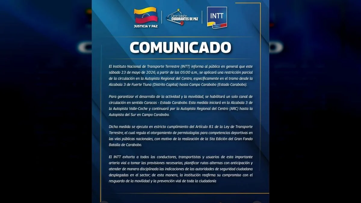 INTT ARC restricción vial de Caracas a Valencia este sábado 1-1