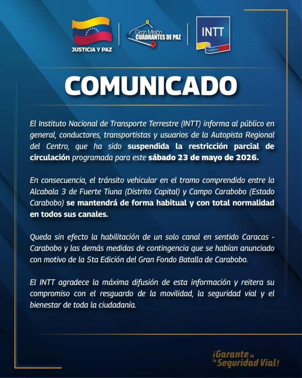 INTT suspende restricción de tránsito en la ARC