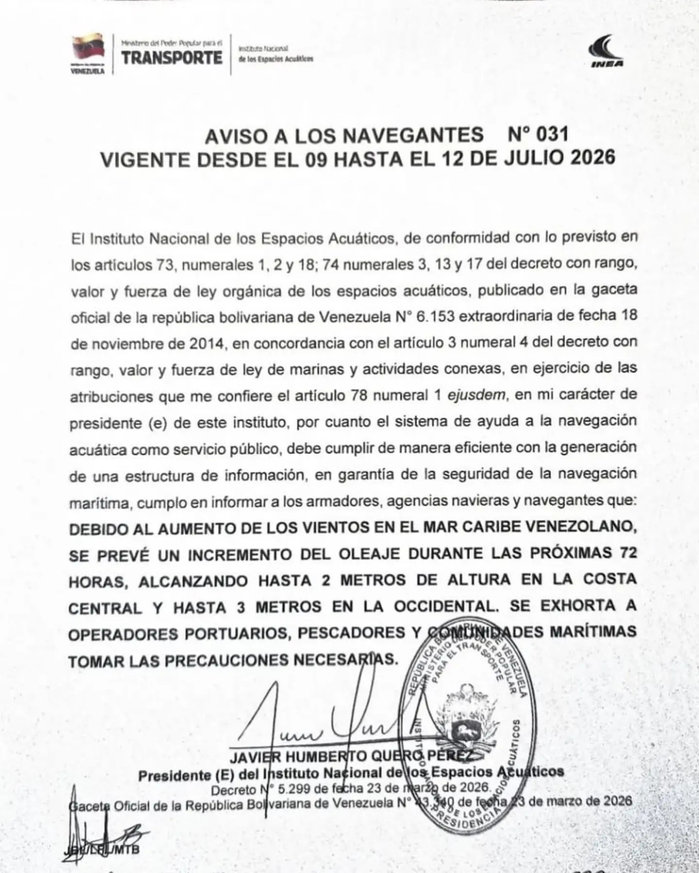 INEA alerta costas de Venezuela 1-1